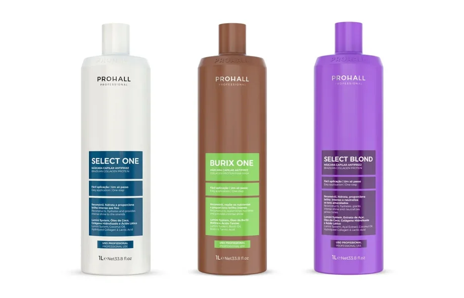 Os três frascos de 1 litro lado a lado: Select One, Burix One e Select Blond