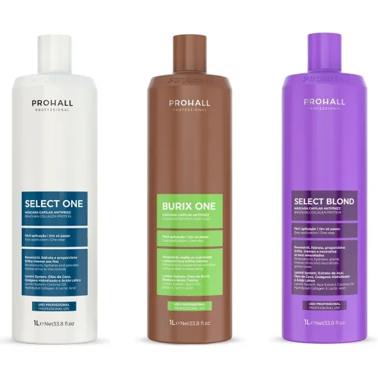 Os três antifrizz Prohall de 1 litro: Select One, Burix One e Select Blond
